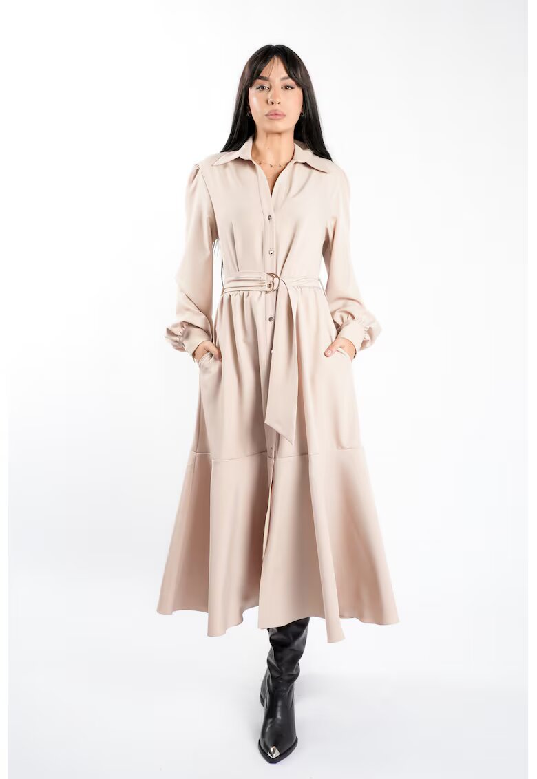 Monarh design Rochie camasa cu cordon si fusta ampla - Nude