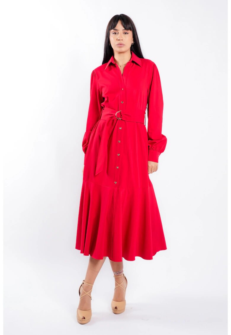 Monarh design Rochie camasa cu cordon si fusta ampla - Rosu
