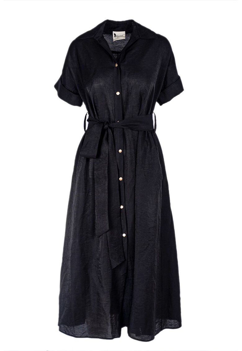 Monarh design Rochie camasa midi cu buzunare si cordon - Negru