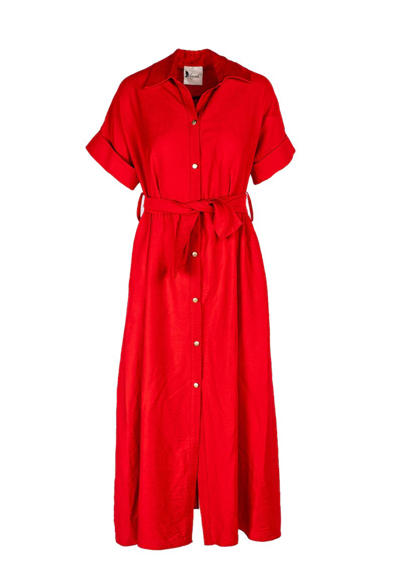 Monarh design Rochie camasa midi cu buzunare si cordon - Rosu