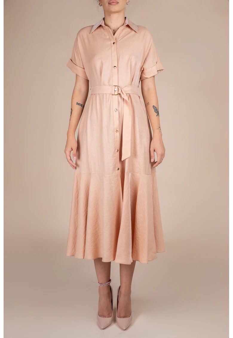 Monarh design Rochie camasa midi cu volan si cordon
