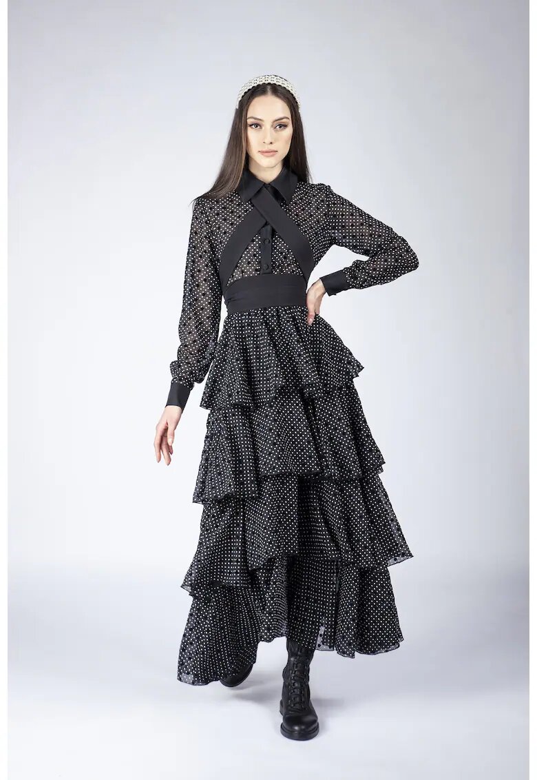 Monarh design Rochie lunga cu volane ample si imprimeu polka dots