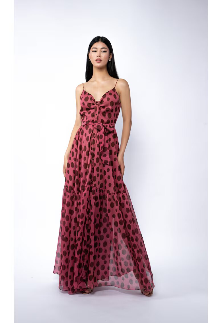 Monarh design Rochie lunga din matase cu bretele si imprimeu cu buline