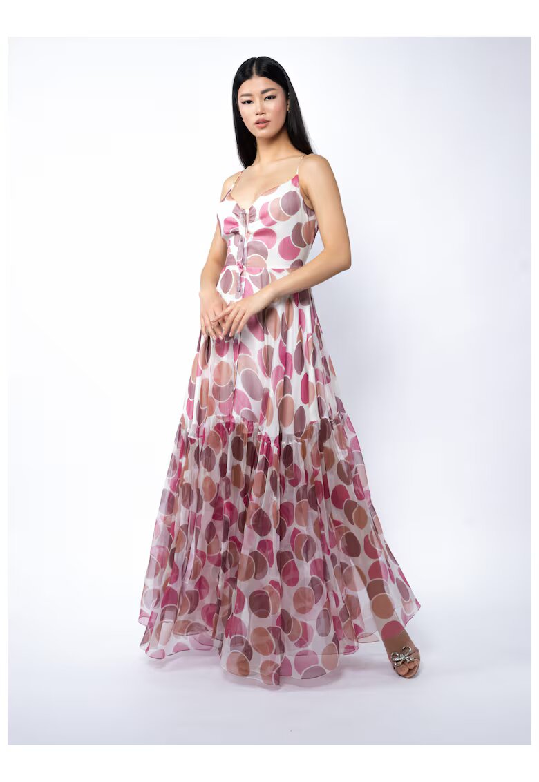 Monarh design Rochie lunga din matase cu bretele si imprimeu cu buline - Multicolor