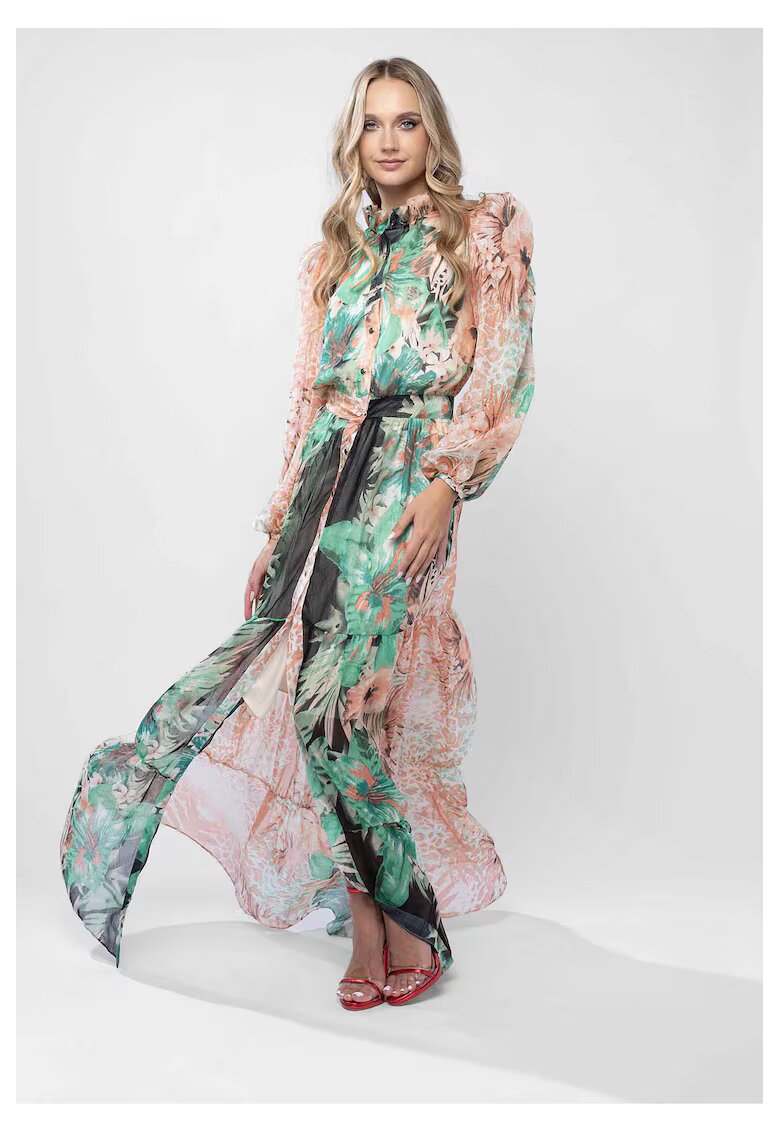 Monarh design Rochie lunga din voal cu imprimeu tropical