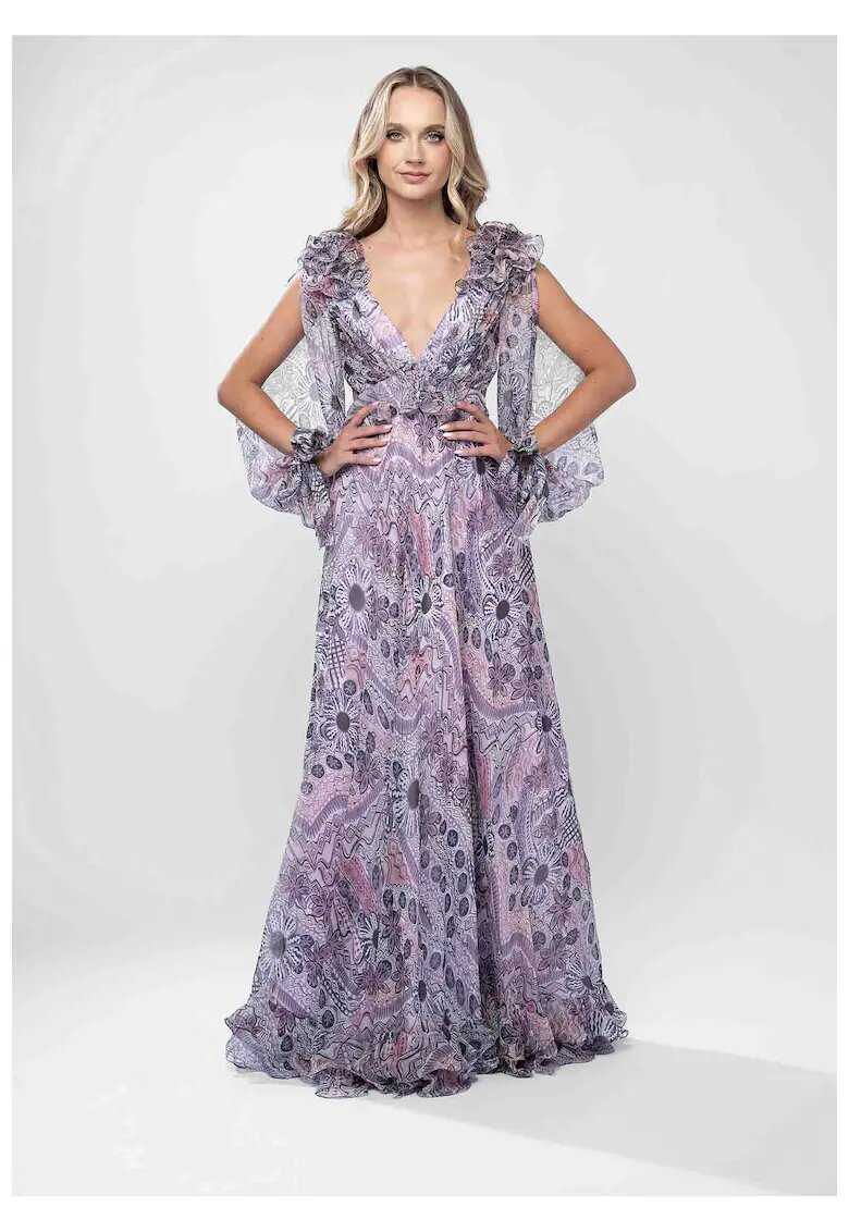 Monarh design Rochie lunga din voal de matase cu imprimeu si volane dramatice