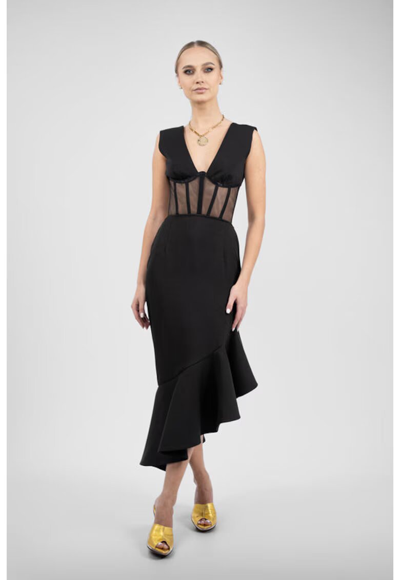 Monarh design Rochie midi neagra cu corset transparent si fusta asimetrica