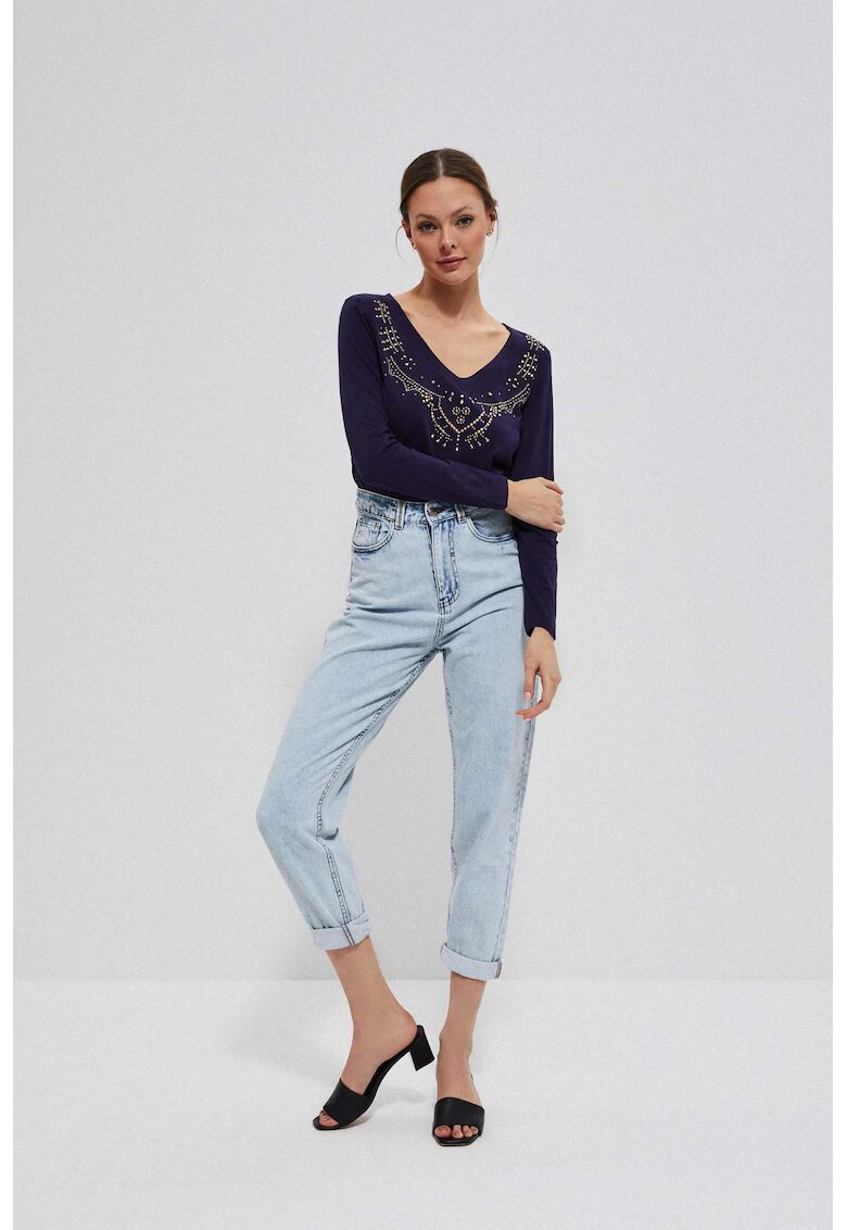 MOODO Bluza din bumbac cu strasuri - Bleumarin