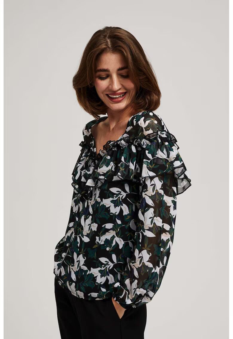 MOODO Camasa cu Volane si Model Floral - Negru