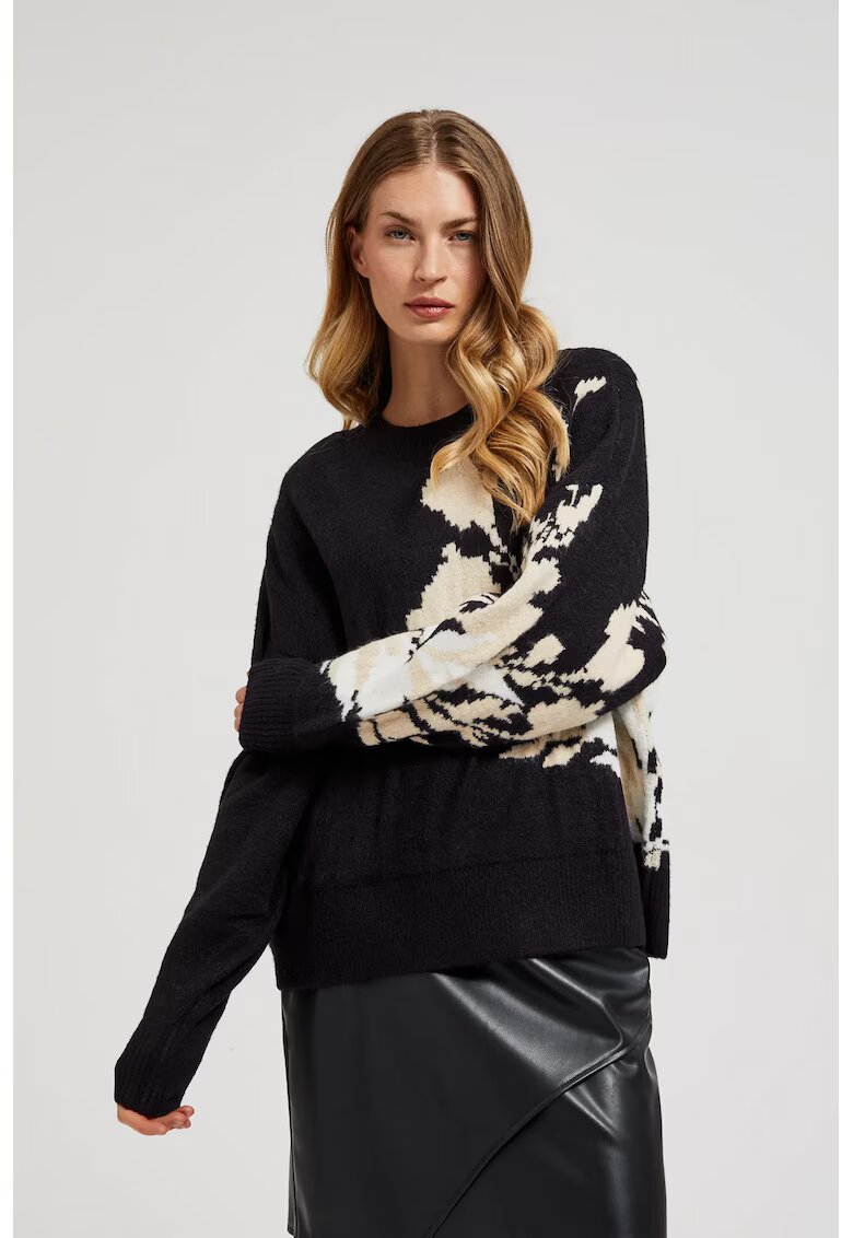 MOODO Pulover negru cu model si croiala lejera - Negru