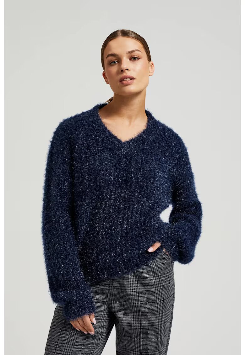 MOODO Pulover pufos cu fir metalic bleu inchis - Bleumarin