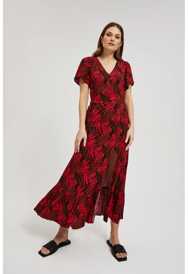 MOODO Rochie cu decolteu in V si imprimeu tropical L-SU-4345 - Rosu