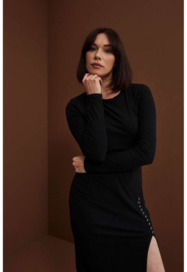MOODO Rochie cu Dungi si Butoane Decorative - Negru