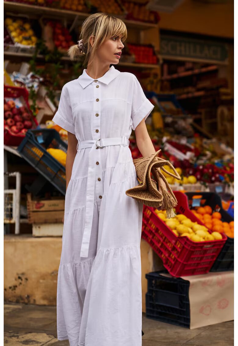 MOODO Rochie Maxi Alba din Bumbac cu Cureaua - Alb