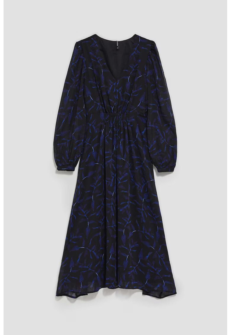 MOODO Rochie midi imprimeu frunze albastre - maneci bufante - Negru