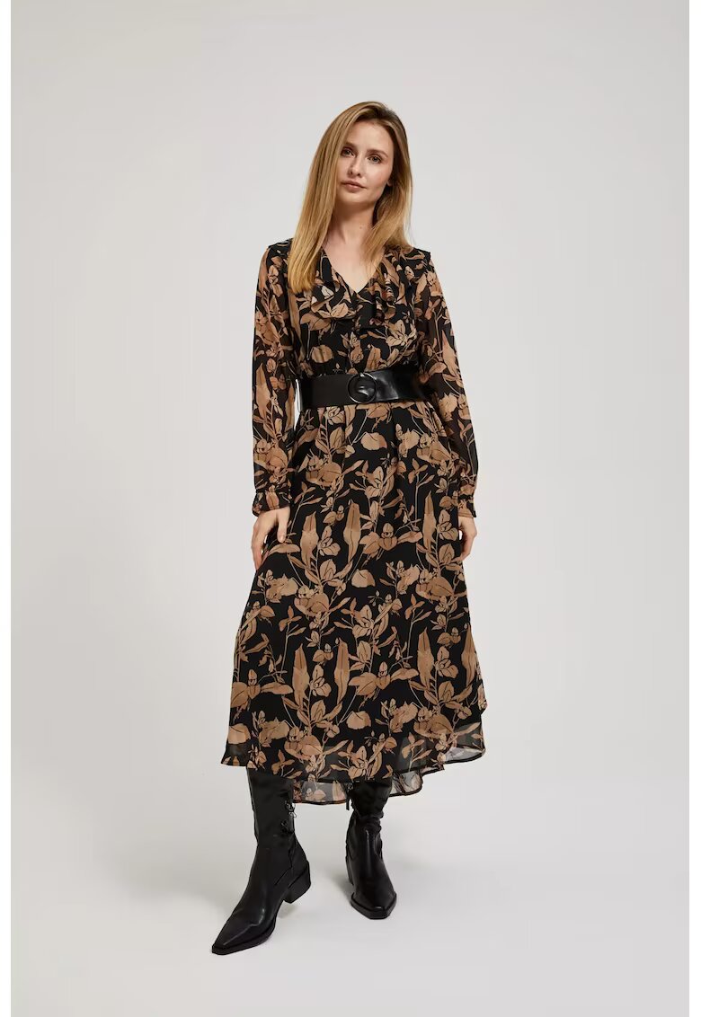 MOODO Rochie neagra cu fusta evazata si imprimeu floral - Negru