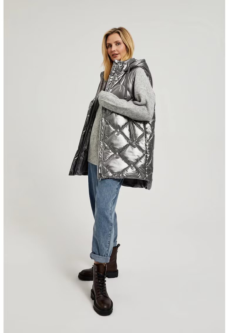 MOODO Vesta cu gluga quilted argintie - Gri