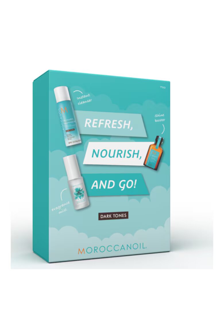 Moroccanoil set Refresh Nourish and Go: Sampon uscat - 65 ml + Ulei tratament - 25 ml + Parfum par si corp - 30 ml - Normal/Uscat/Gras/Subtire/Degradat/Inchis la culoare - 120 ml
