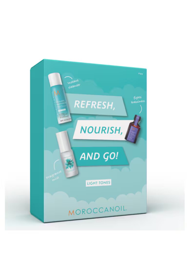 Moroccanoil set Refresh Nourish and Go: Sampon uscat - 65 ml + Ulei tratament - 25 ml + Parfum par si corp - 30 ml - Uscat/Cret/Fara volum/Deschis la culoare/Gros - 120 ml