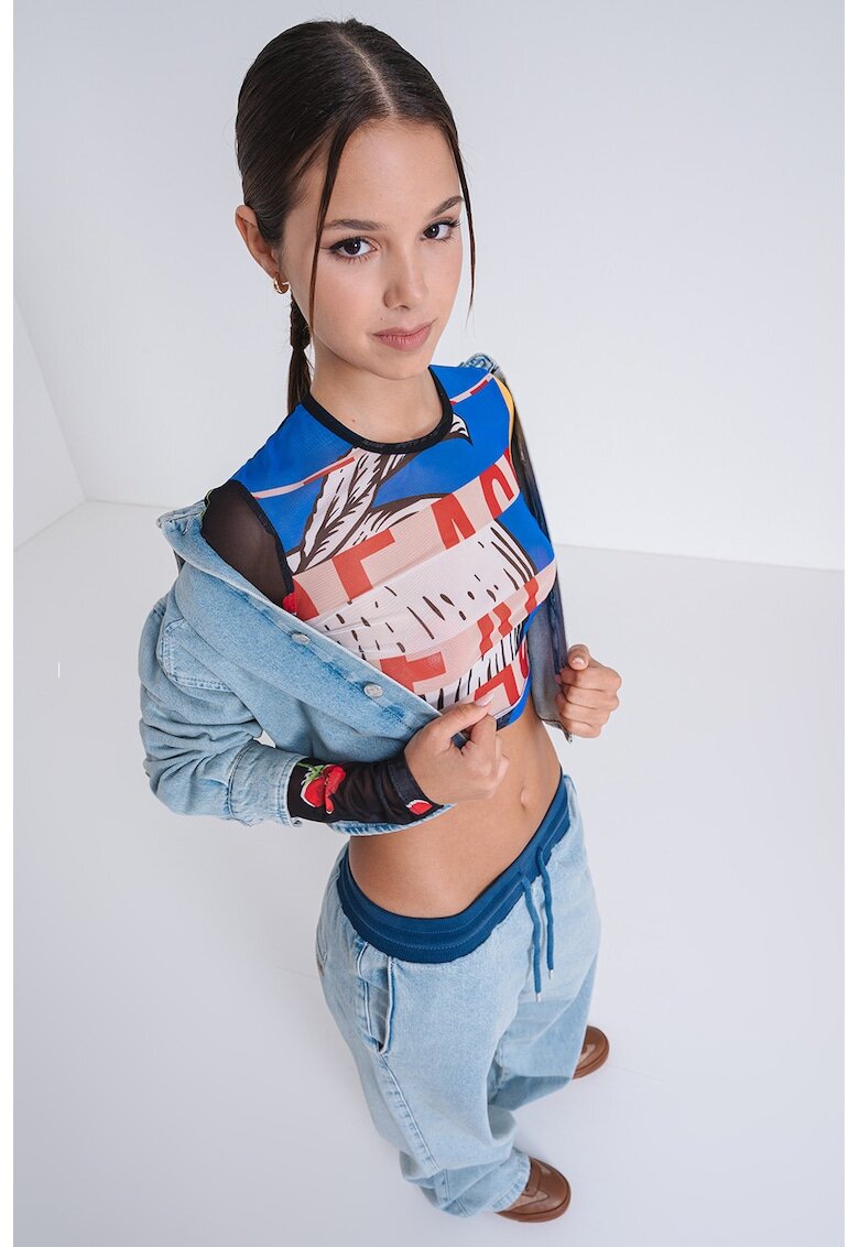 Moschino Jeans Bluza crop cu imprimeu grafic - Alb/Negru/Albastru