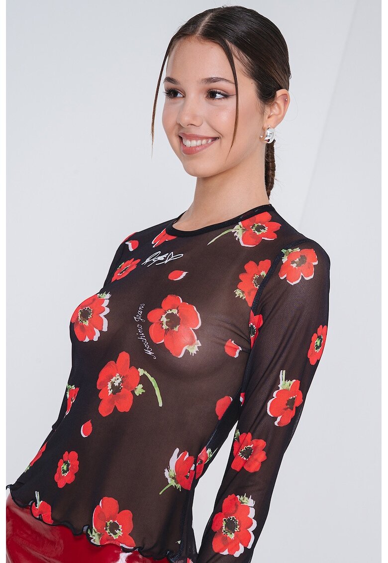 Moschino Jeans Bluza semitransparenta cu imprimeu floral - Rosu/Negru