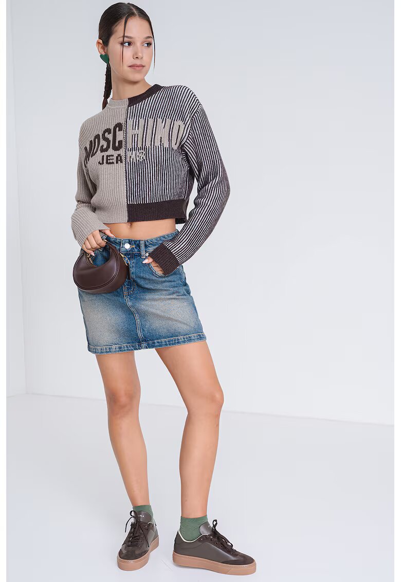 Moschino Jeans Pulover din amestec de lana cu logo - Maro inchis/Maro nisip