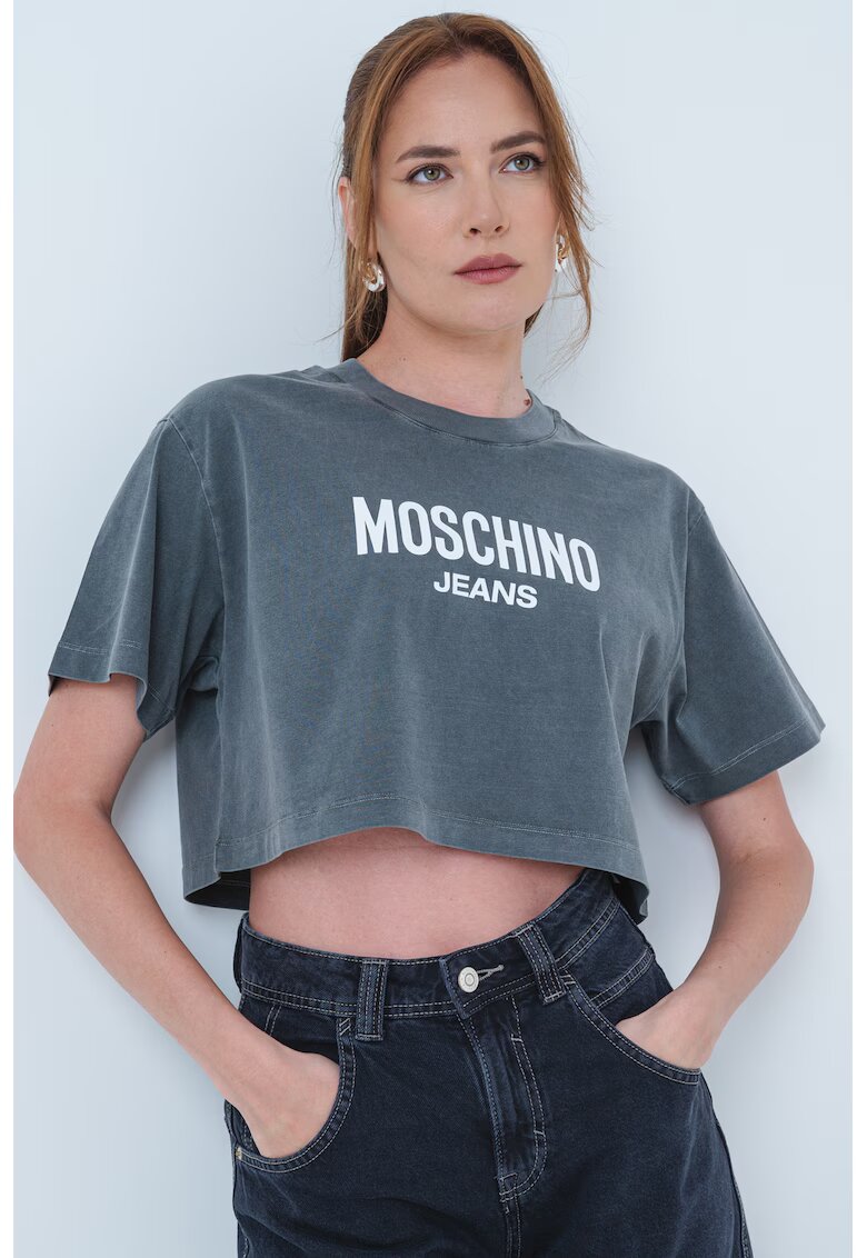 Moschino Jeans Tricou crop cu logo - Alb optic/Gri inchis