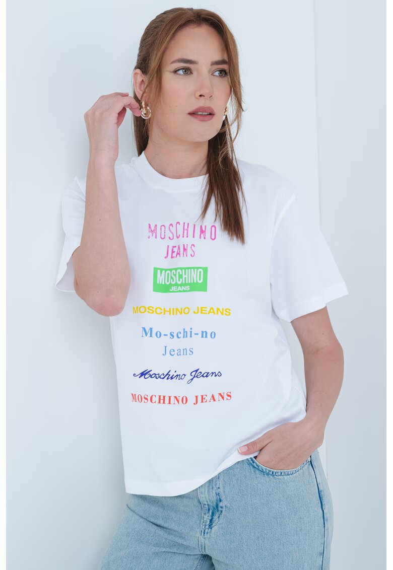 Moschino Jeans Tricou cu decolteu la baza gatului si logo - Roz fandango/Verde electric/Alb optic