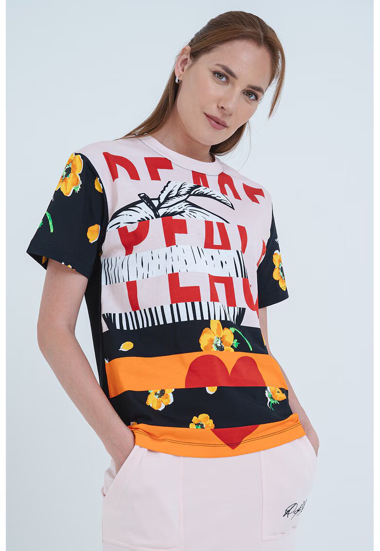 Moschino Jeans Tricou cu model frontal si decolteu la baza gatului - Rosu/Negru/Portocaliu