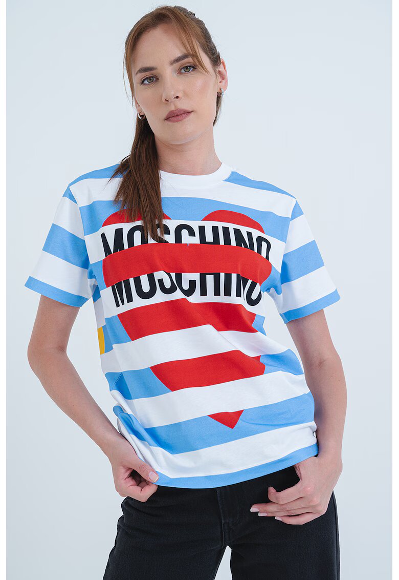 Moschino Jeans Tricou cu model in dungi si logo - Rosu/Alb optic/Albastru deschis