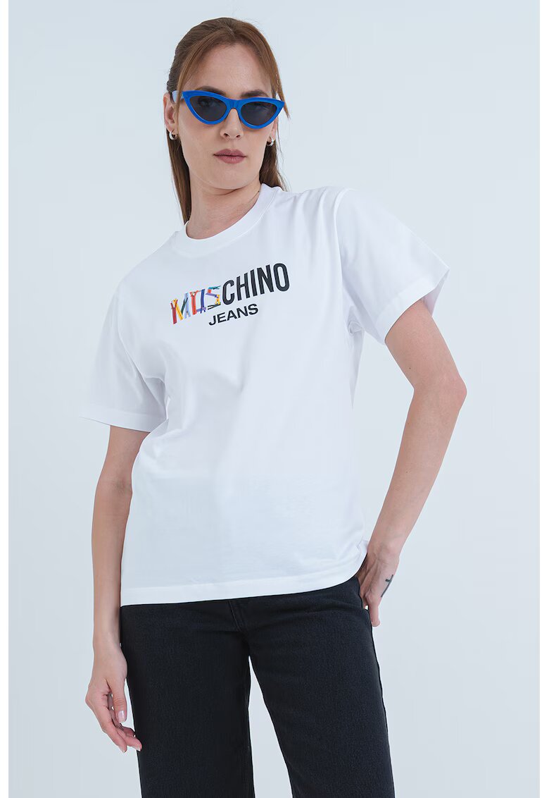 Moschino Jeans Tricou din bumbac cu logo - Negru/Alb optic