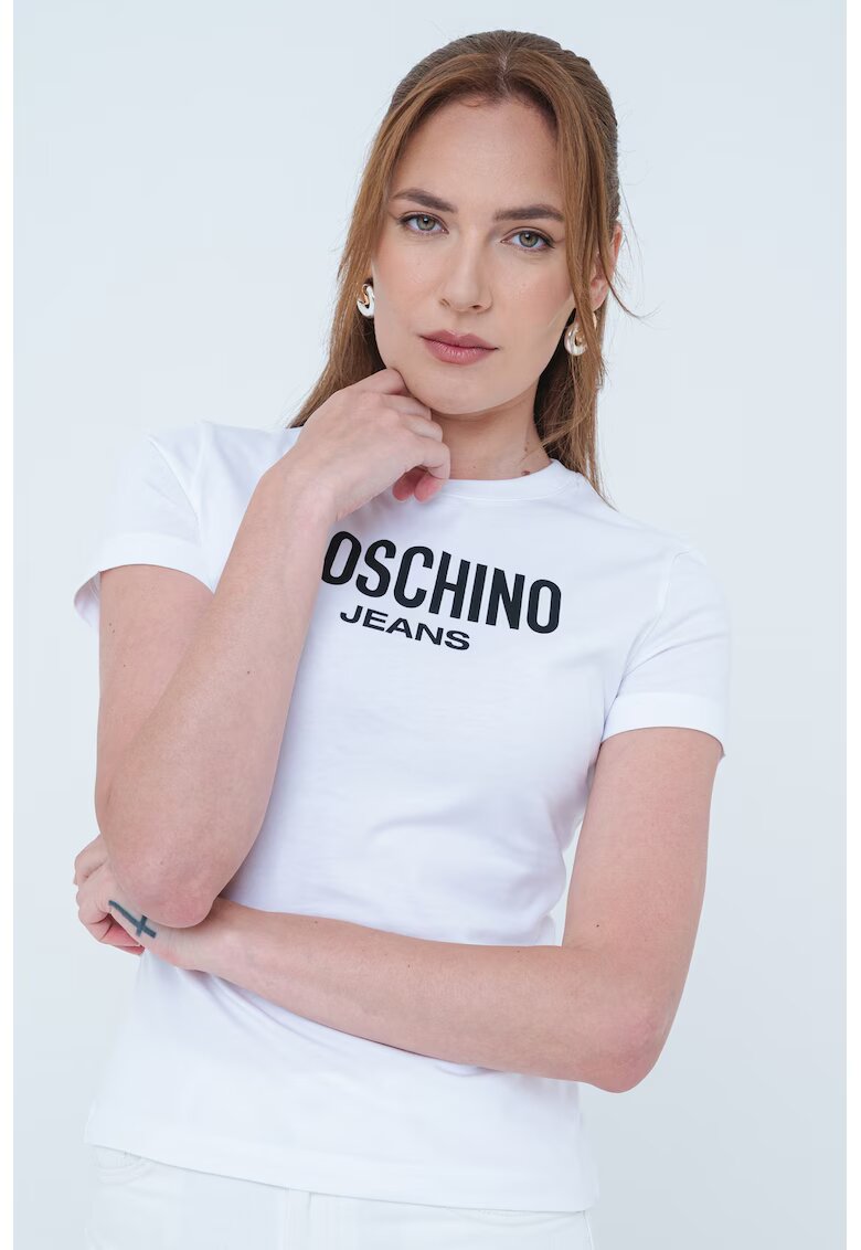 Moschino Jeans Tricou slim fit cu logo - Negru/Alb optic