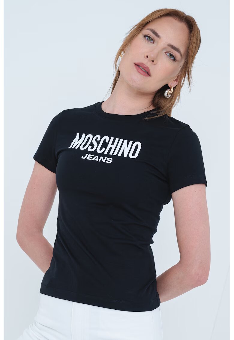 Moschino Jeans Tricou slim fit cu logo - Negru stins/Alb optic