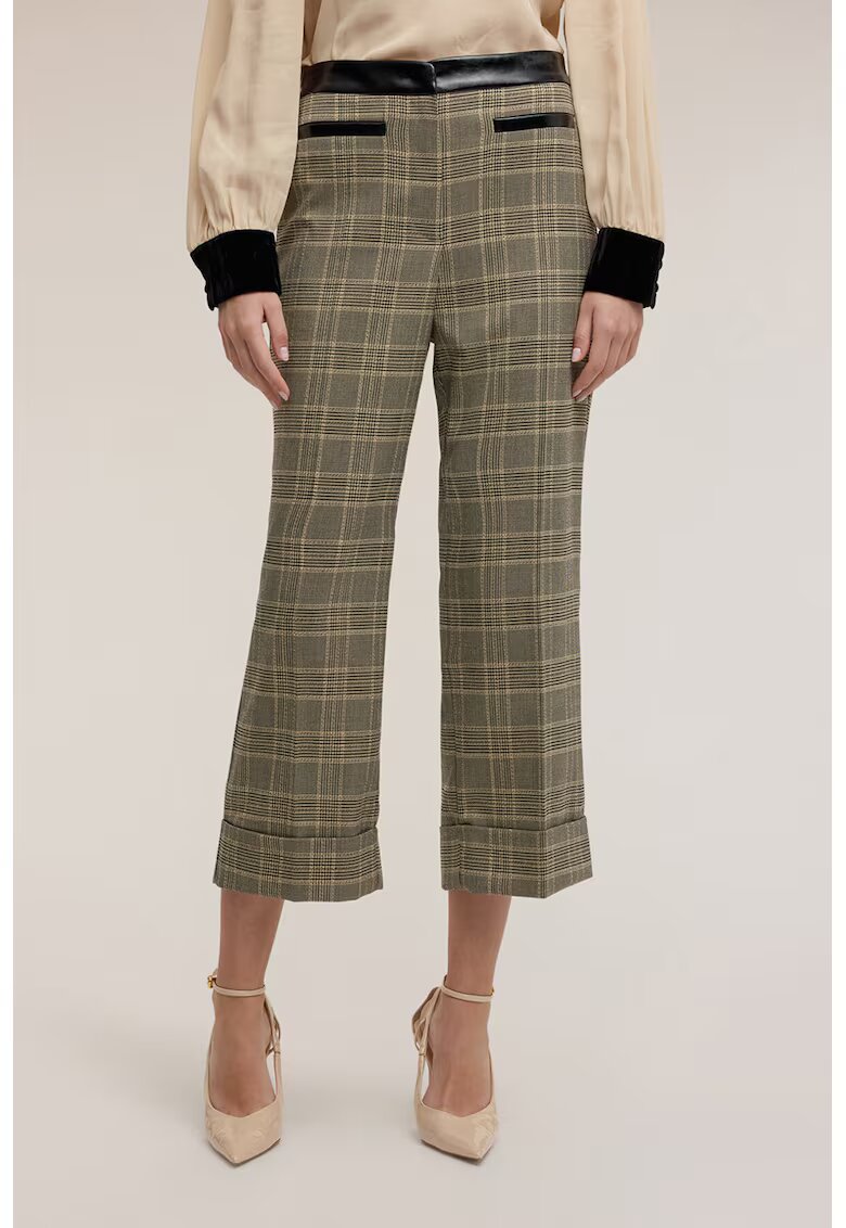 Motivi Pantaloni crop cu model in carouri si terminatie pliabila - Negru/Kaki