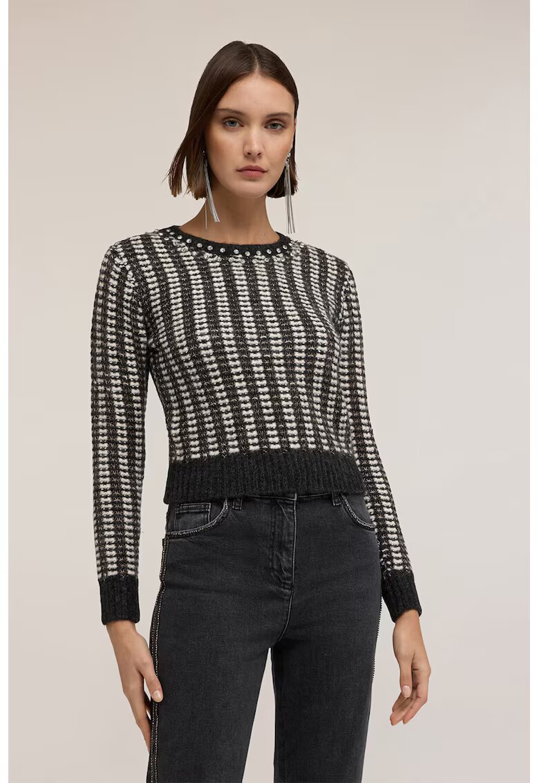 Motivi Pulover crop cu decolteu cu strasuri - Alb/Negru/Argintiu