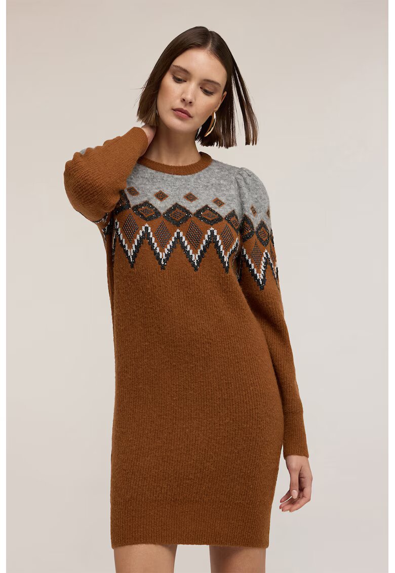 Motivi Rochie-pulover cu model geometric - Gri melange/Caramel