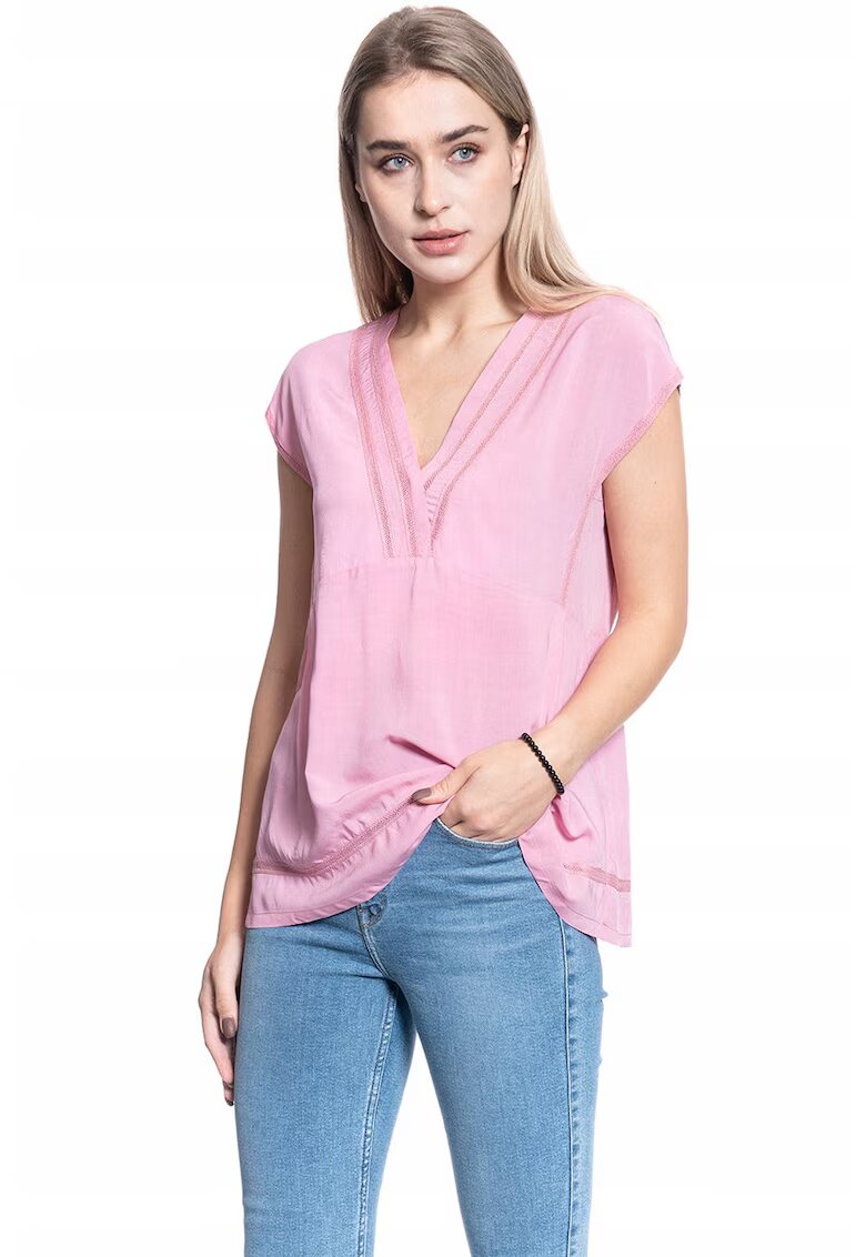 Mustang Bluza Dama - Elisa Lace Inset - Croi Slim - Fara Inchidere - 100% Bumbac - Fara Informatii Despre Culoarea Producatorului - Roz