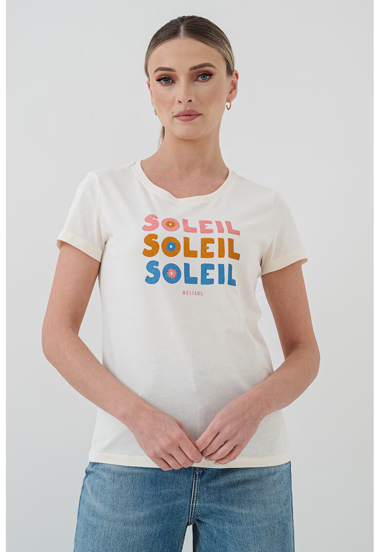 Mustang Tricou cu decolteu la baza gatului si imprimeu text Alma - Alb murdar/Roz