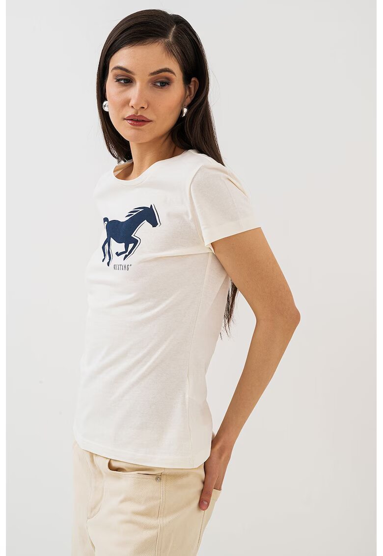 Mustang Tricou cu decolteu la baza gatului si logo - Alb murdar