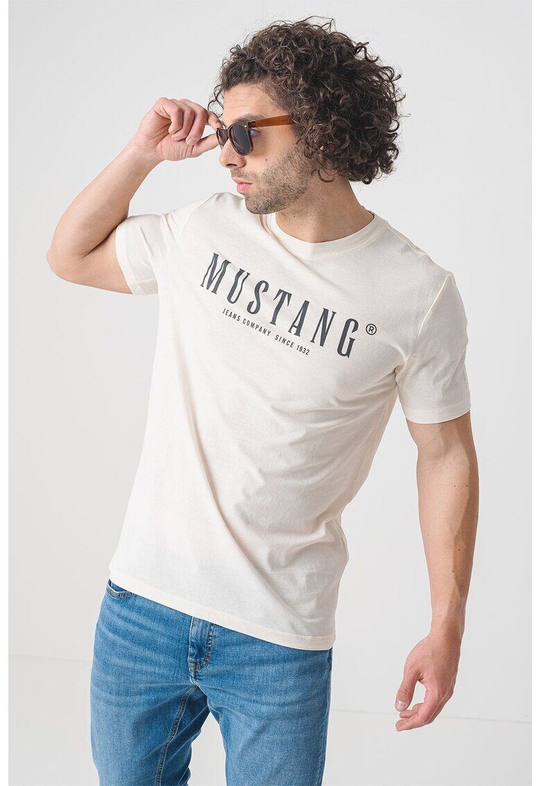 Mustang Tricou cu decolteu la baza gatului si logo - Negru/Alb murdar