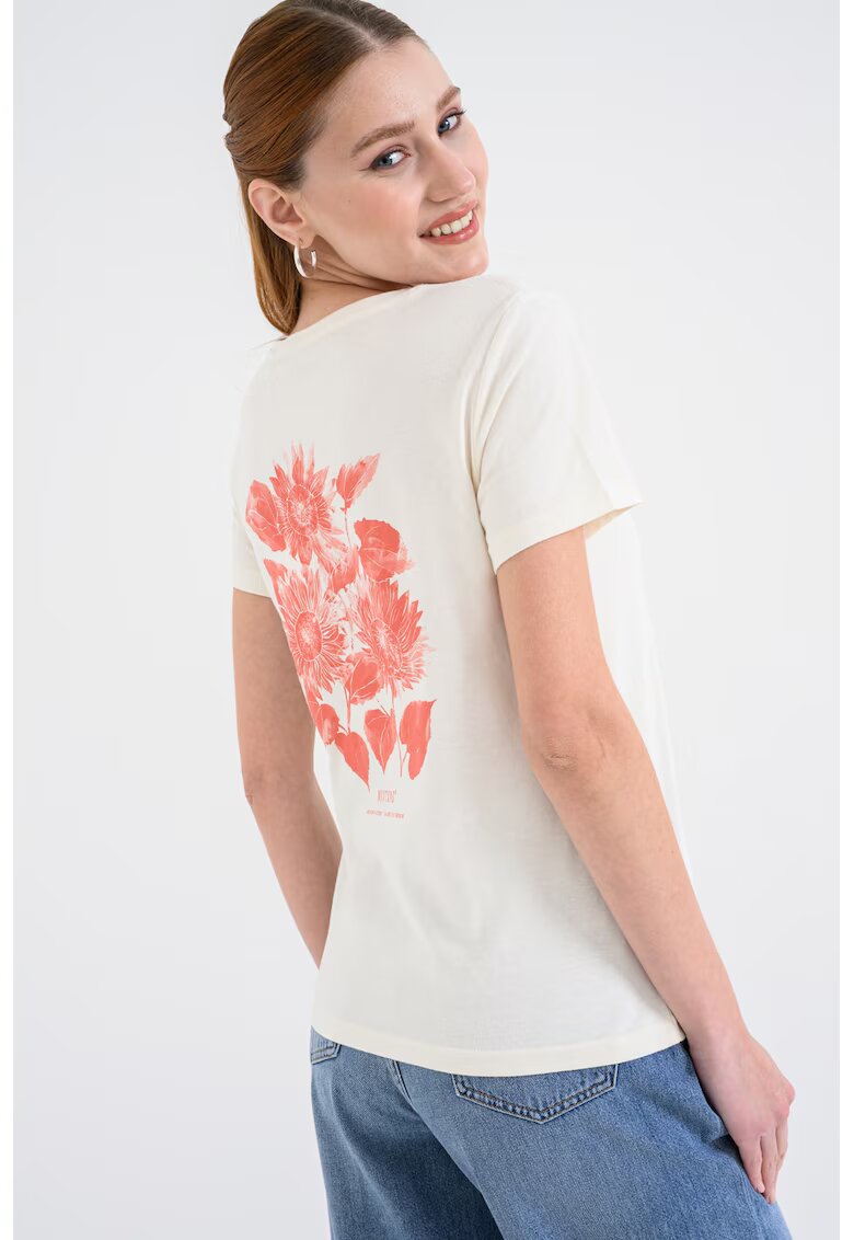 Mustang Tricou cu decolteu rotund si imprimeu pe partea din spate - Alb fildes/Coral