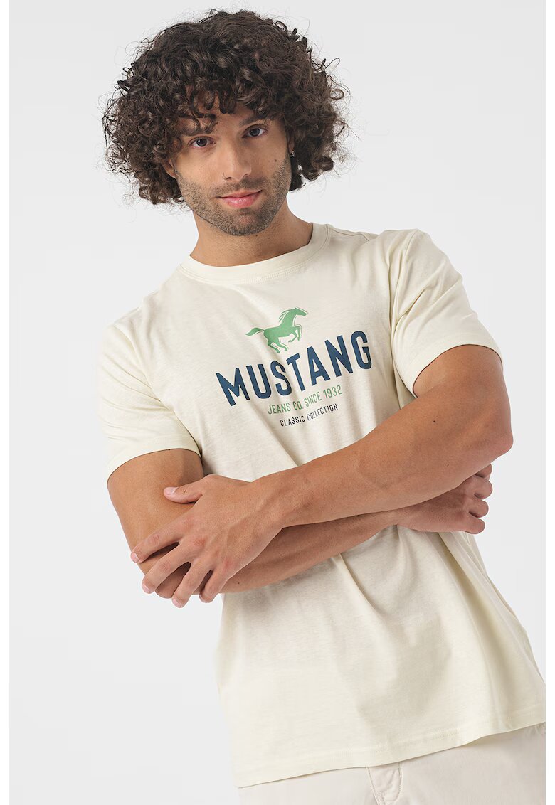 Mustang Tricou cu imprimeu logo - Verde aquamarin/Bej deschis/Bleumarin