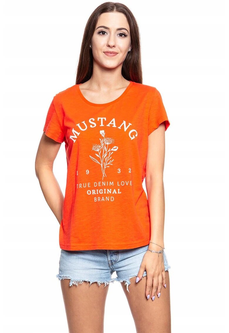 Mustang Tricou Dama - Alina C Print - Marime S - Bumbac - Maneca Scurta - Slim Fit - Fara Buzunare - High-Quality - Portocaliu