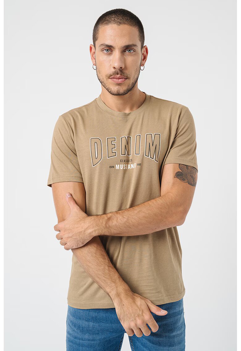 Mustang Tricou de bumbac cu decolteu la baza gatului - Alb/Negru/Kaki