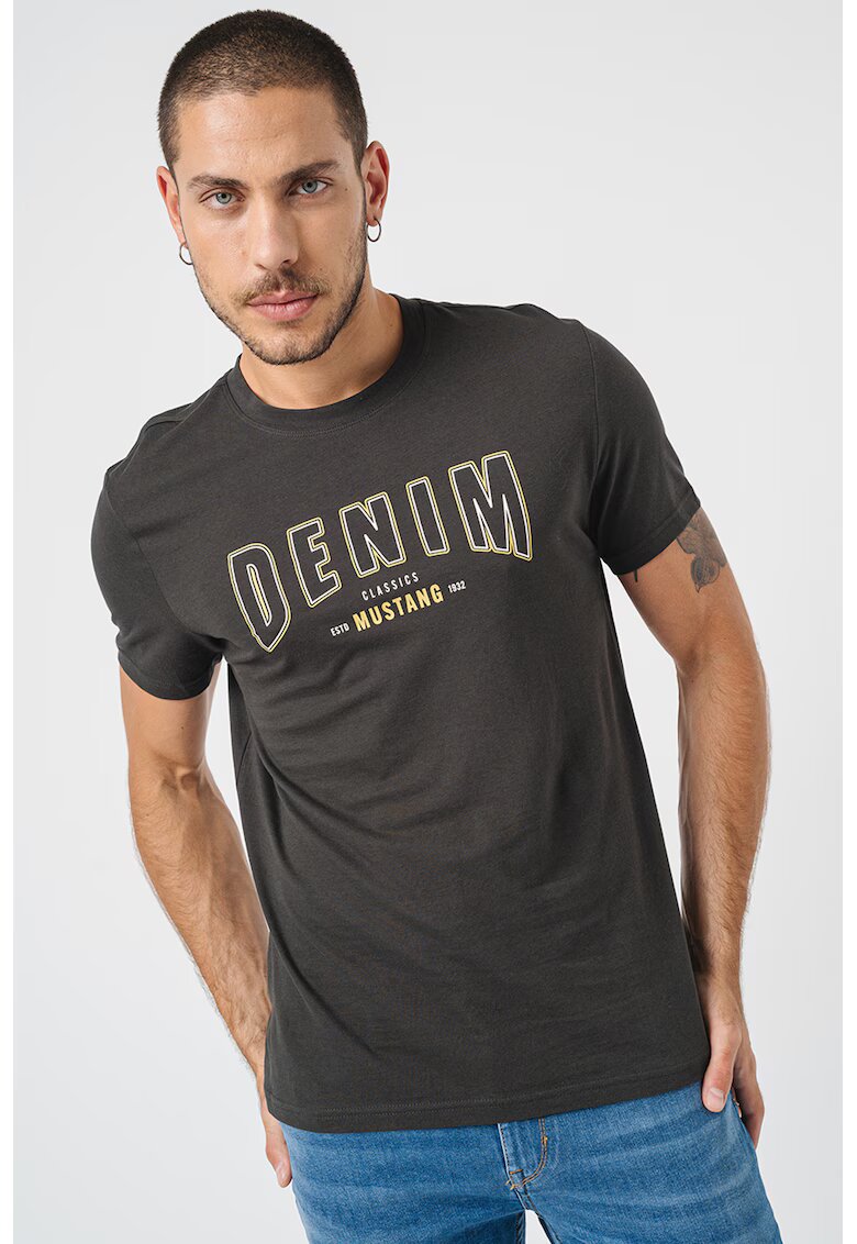 Mustang Tricou de bumbac cu decolteu la baza gatului - Alb/Verde padure