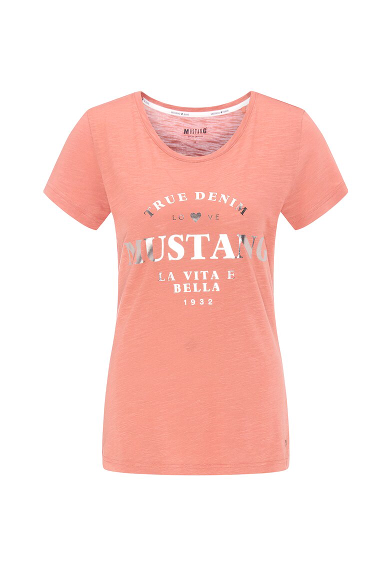 Mustang Tricou din amestec de modal si aplicatie text metalizata - Roz somon/Argintiu