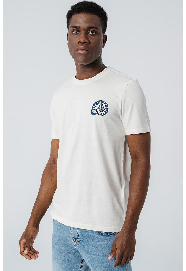 Mustang Tricou din bumbac cu decolteu la baza gatului - Alb/Crem/Bleumarin