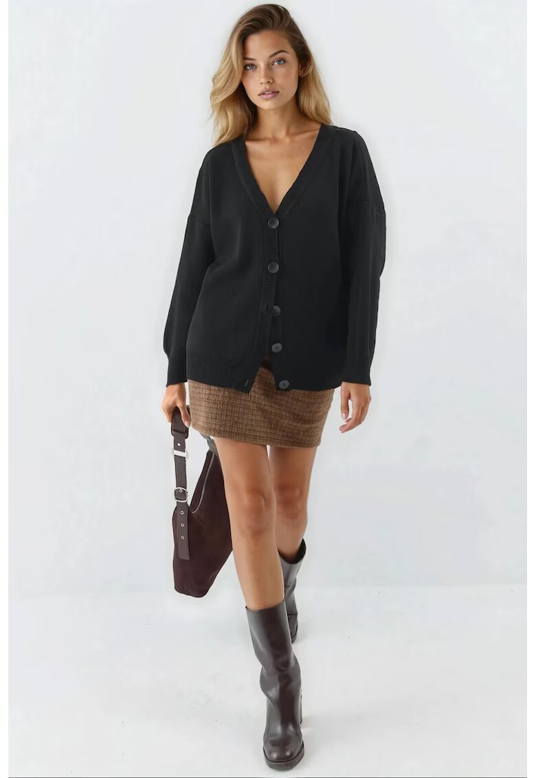 MyFashion Cardigan supradimensionat - cu nasturi - decolteu in V - negru - tricot - One Size