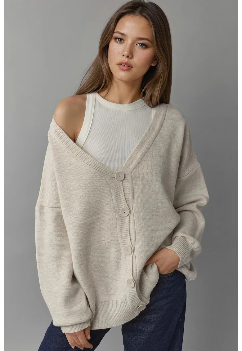 MyFashion Pulover dama - cardigan supradimensionat - decolteu in V - bej - tricot - One Size