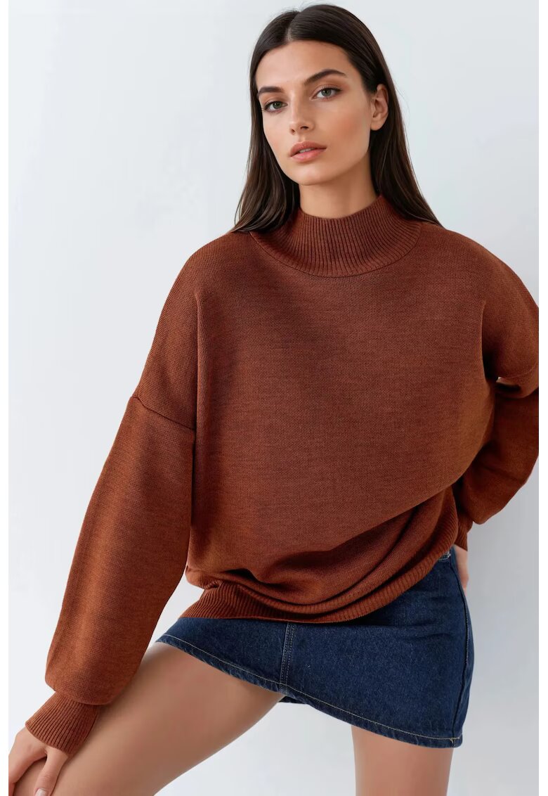 MyFashion Pulover dama - supradimensionat - jumatate de guler - maro nuc - tricot - One Size